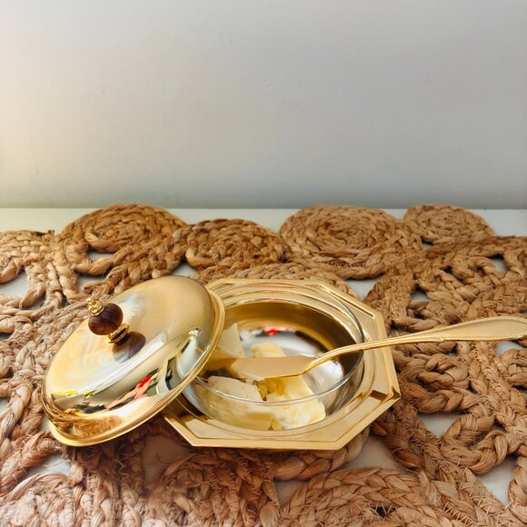 Vintage Made In Italy Gold Plated Brass Covered Butter Dish and Jam Pot - Picture 4 of 12